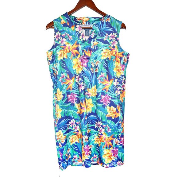Caribbean Joe Tropical Floral Stretch Shift Dress Sleeveless Resort Beach Blue - Picture 7 of 12